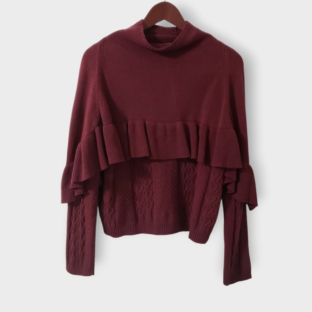 Project Naadam Cable Knit Ruffled Draped Turtleneck Sweater Burgundy Sz Medium